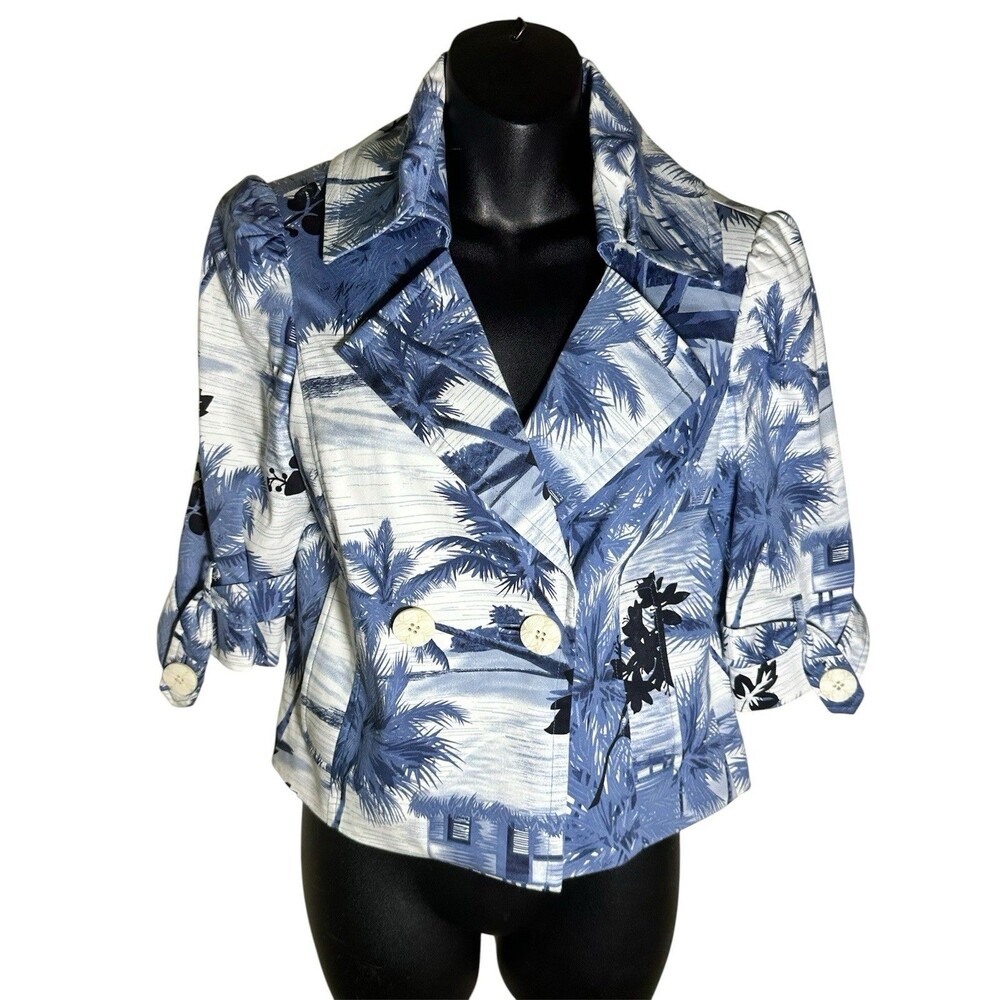 Vintage Andre Oliver Women’s Blue Palm Trees Jacket With Shoulder Pads Sz 6